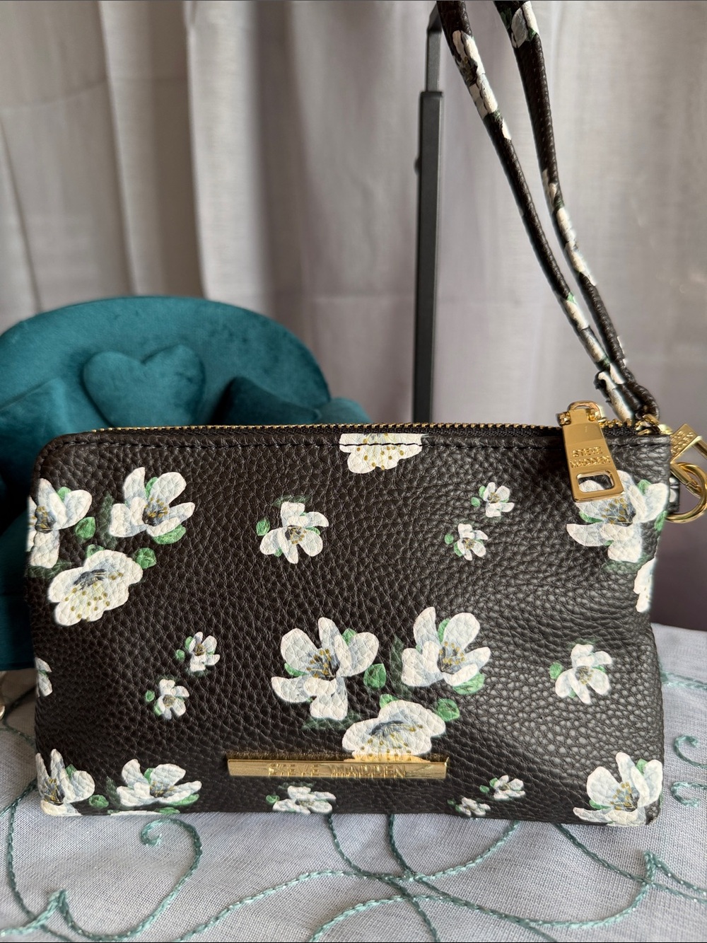 Steve Madden Black Floral Leather Wristlet Clutch with Gold Hardware